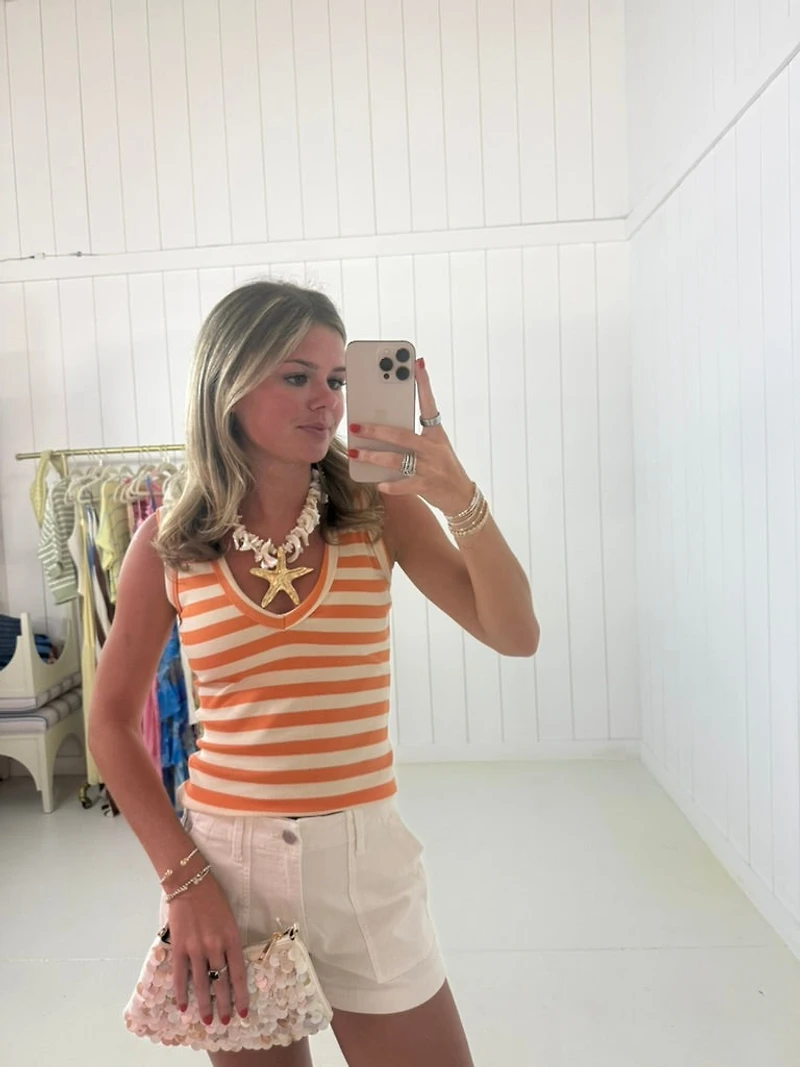 Orange & White Striped V-Neck Tank Top