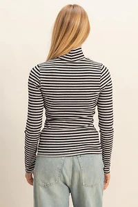 Black & Gray Stripe Turtleneck Top