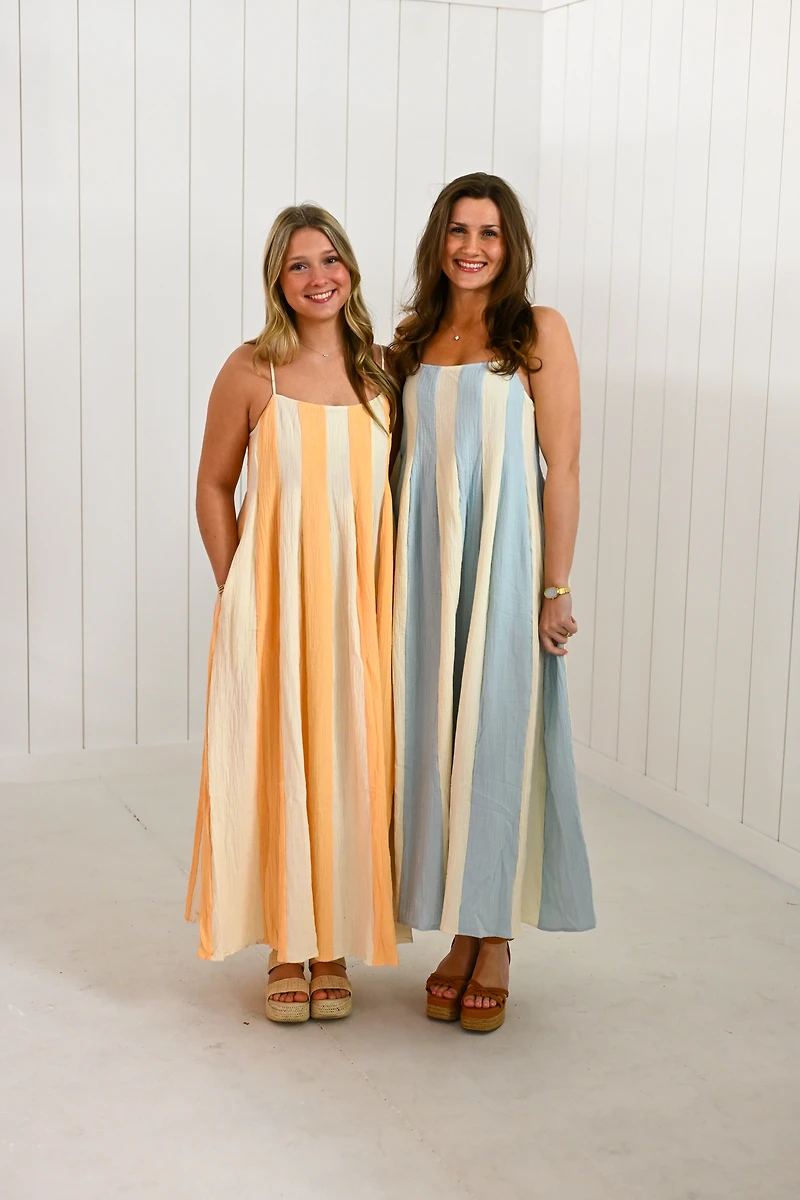 White Striped Cami Pintuck Midi Dress