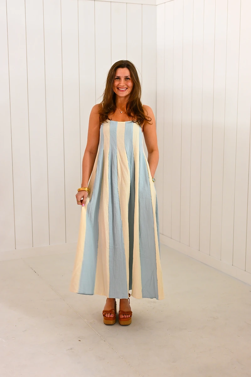 White Striped Cami Pintuck Midi Dress