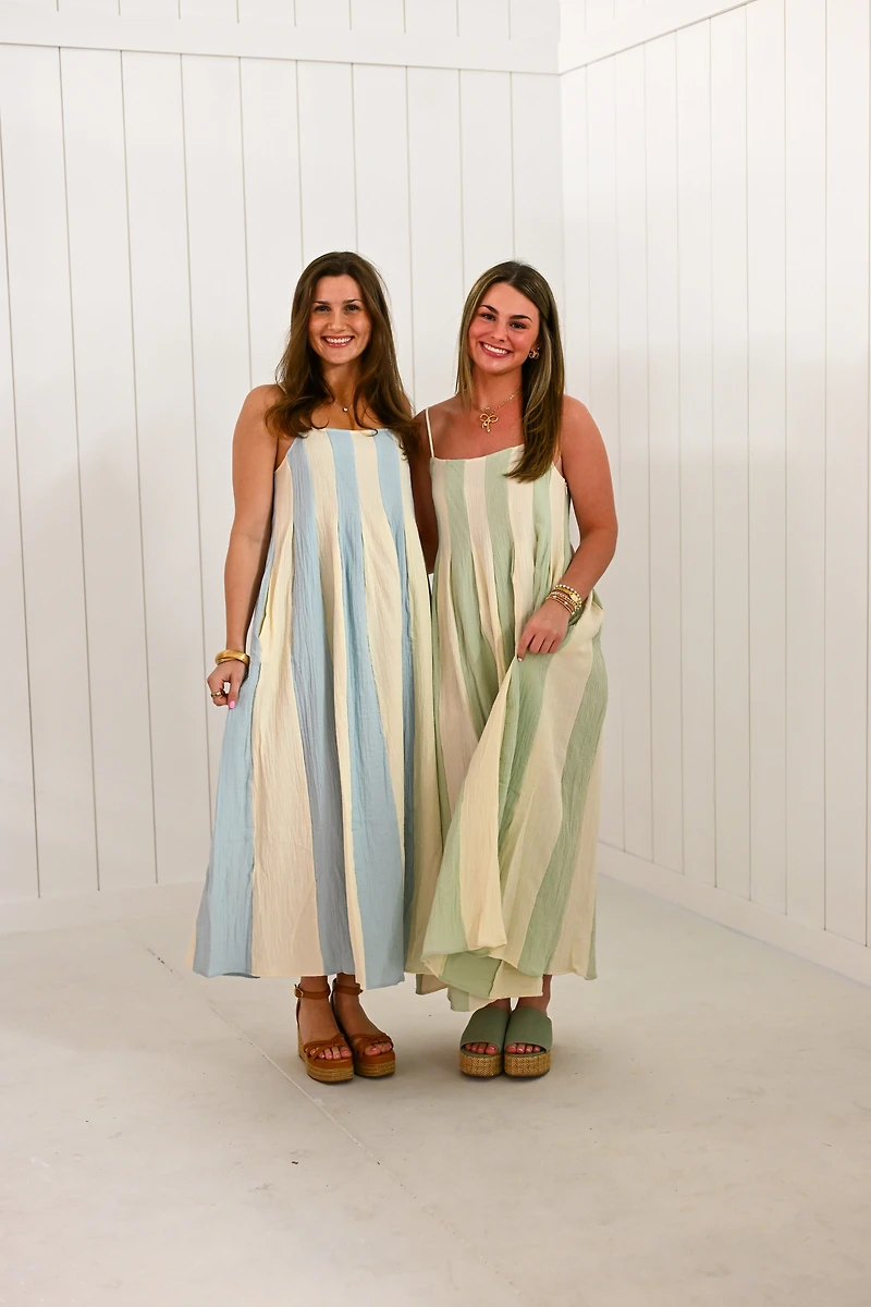 White Striped Cami Pintuck Midi Dress