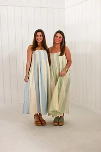 White Striped Cami Pintuck Midi Dress