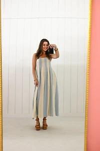 White Striped Cami Pintuck Midi Dress