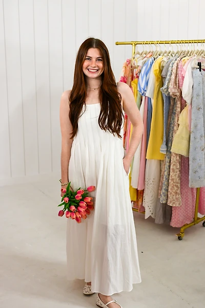 White Cotton Pleated Midi Dress