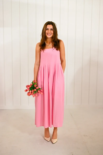 Pink Cotton Pleated Midi Dress