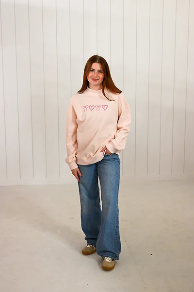 Pink Bow Heart Embroidered Mock Neck