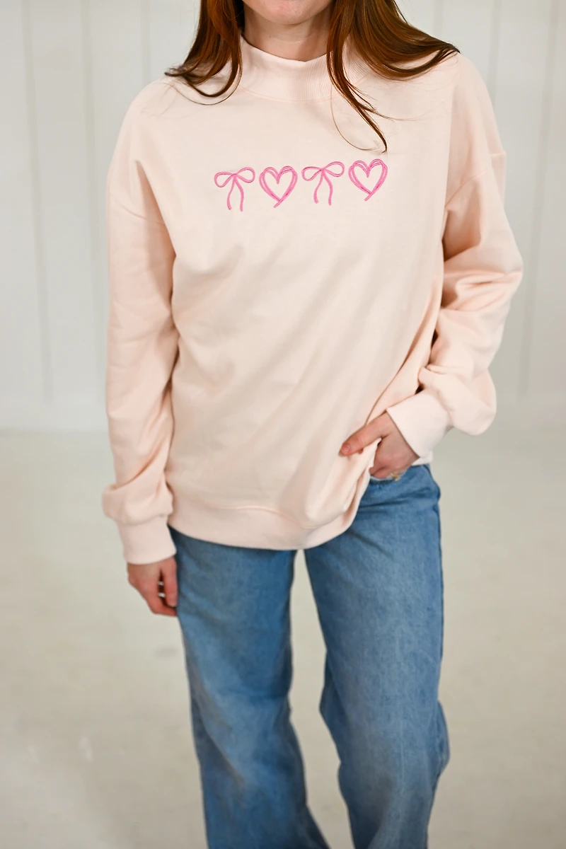 Pink Bow Heart Embroidered Mock Neck