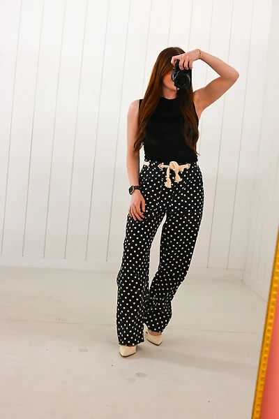 Cream Polka Dot on Black Barrel Pants