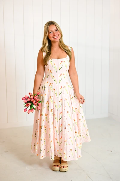 Pink Floral Square Neck Midi Dress