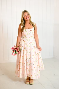 Pink Floral Square Neck Midi Dress