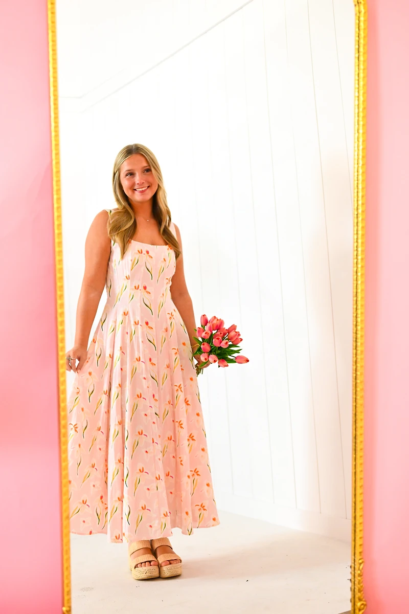 Pink Floral Square Neck Midi Dress