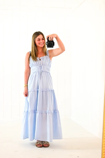 Blue Cotton Ruffle Tiered Midi Dress