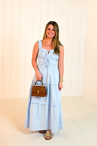 Blue Cotton Ruffle Tiered Midi Dress