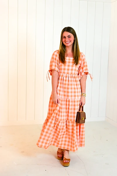 Salmon Checker Puff Sleeve Maxi Dress