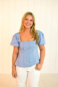 Blue Square Neck Puff Sleeve Top