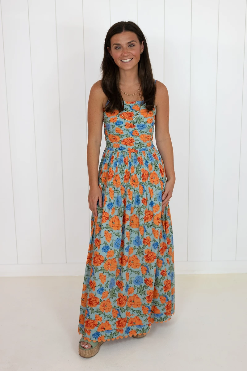 Blue & Orange Blossom Smocked Maxi Dress