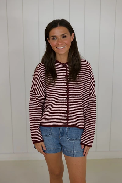 Burgundy Striped Long Sleeve Cardigan