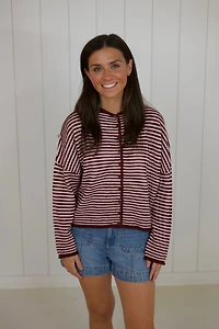 Burgundy Striped Long Sleeve Cardigan