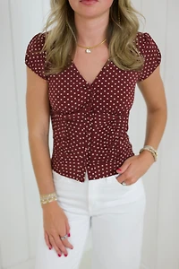 Burgundy Polka Dot V-neck Top