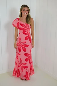 Pink Floral One Shoulder Maxi Dress
