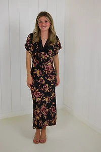 Floral Satin Short Sleeve Maxi Dress