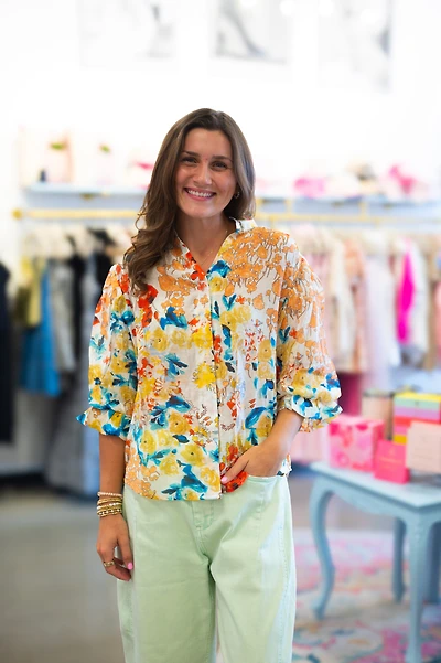 Mustard Floral Printed Button Down Top