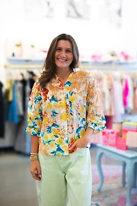 Mustard Floral Printed Button Down Top