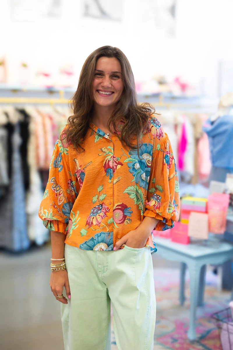 Coral Printed Button Down Top