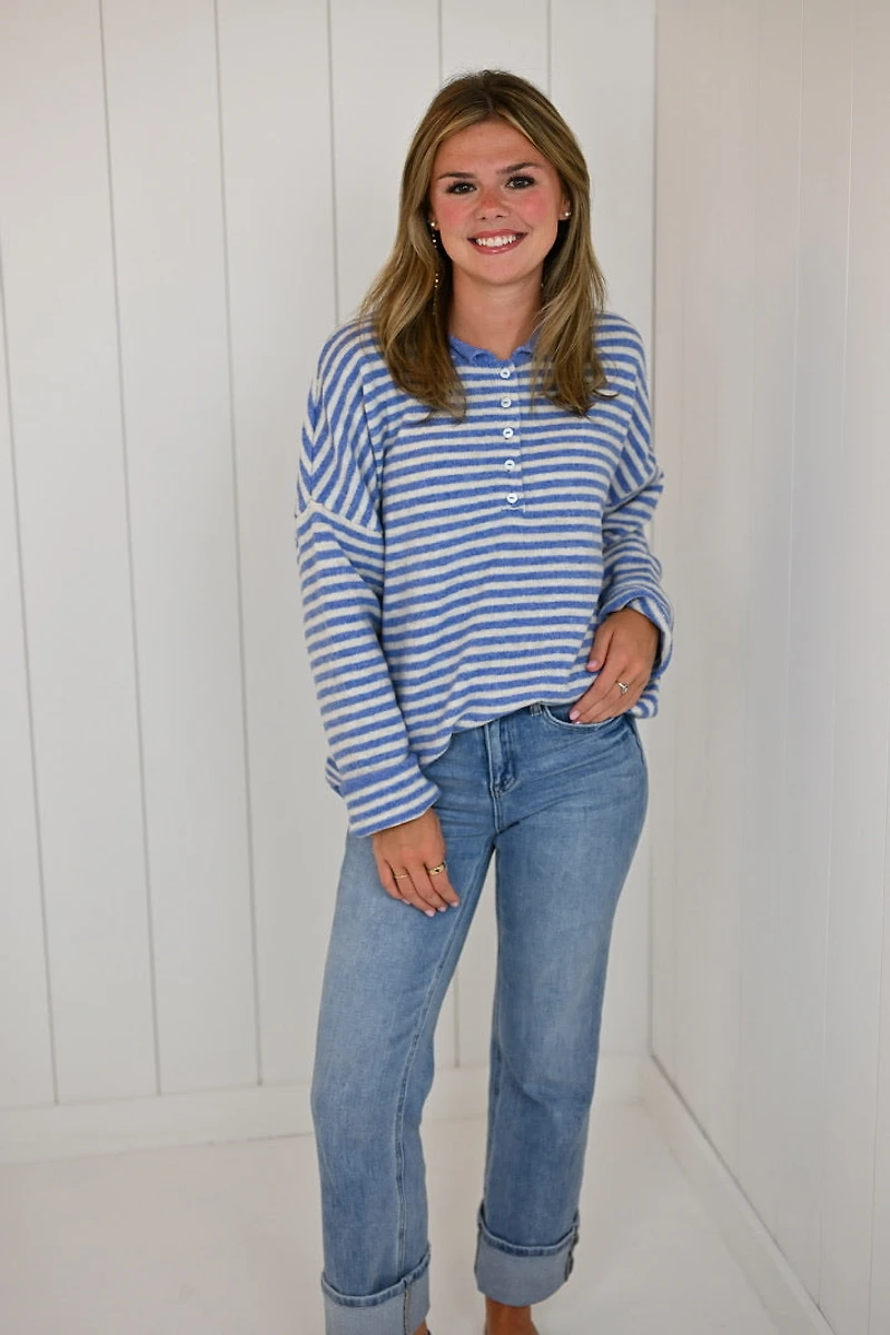 Blue Striped Drop Shoulder Pullover