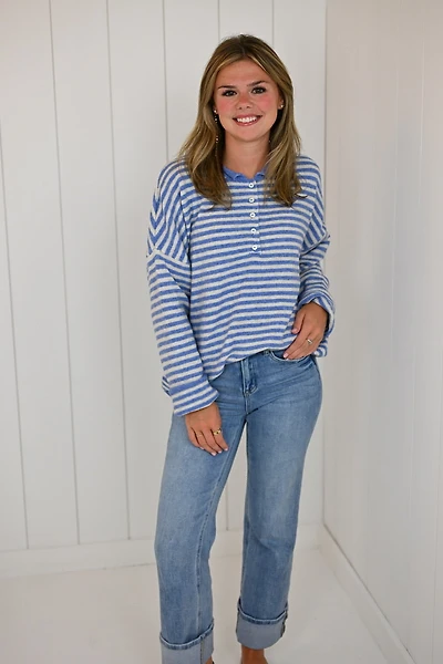 Blue Striped Drop Shoulder Pullover