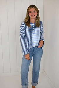 Blue Striped Drop Shoulder Pullover