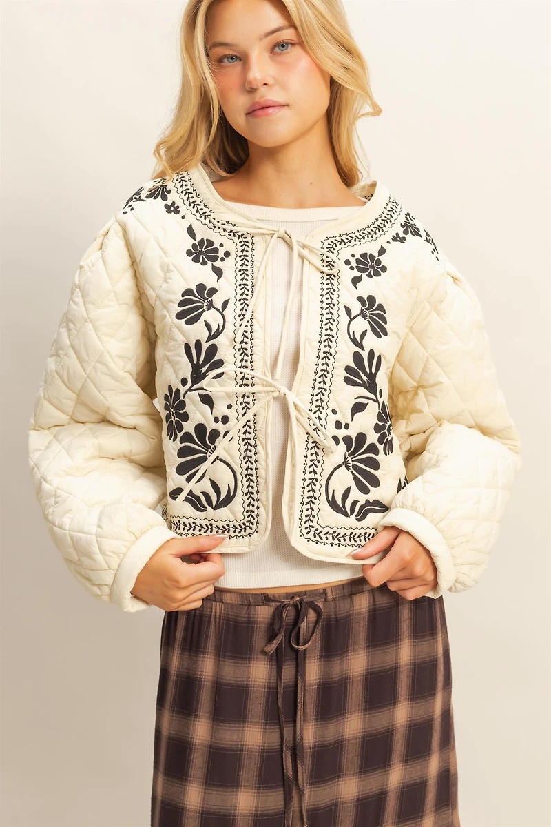 Cream Quilted Floral Embroidered Jacket