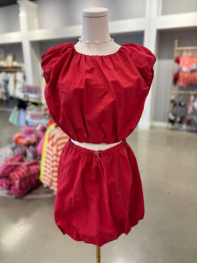 Red Crop And Bubble Skirt Set