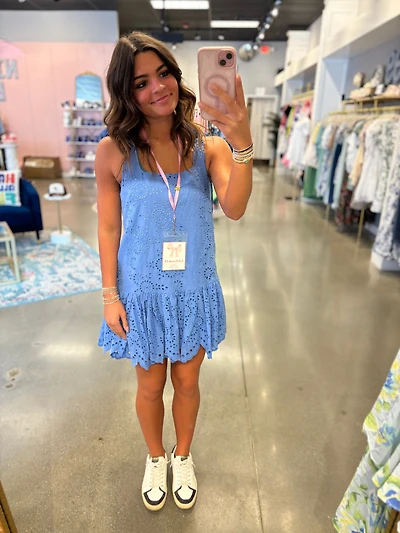 Blue Eyelet Lace Square Neckline Mini Dress
