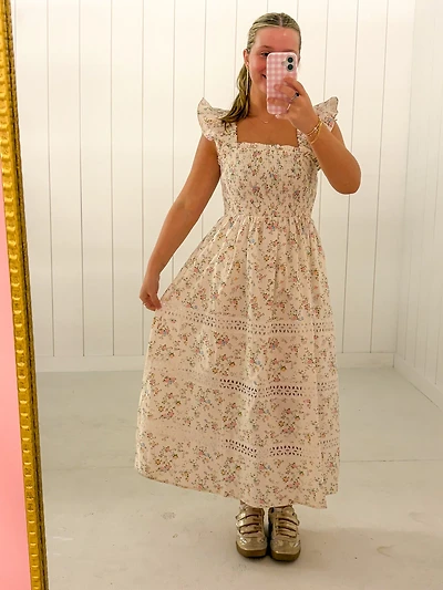 Cream Floral Smocked Maxi Dress
