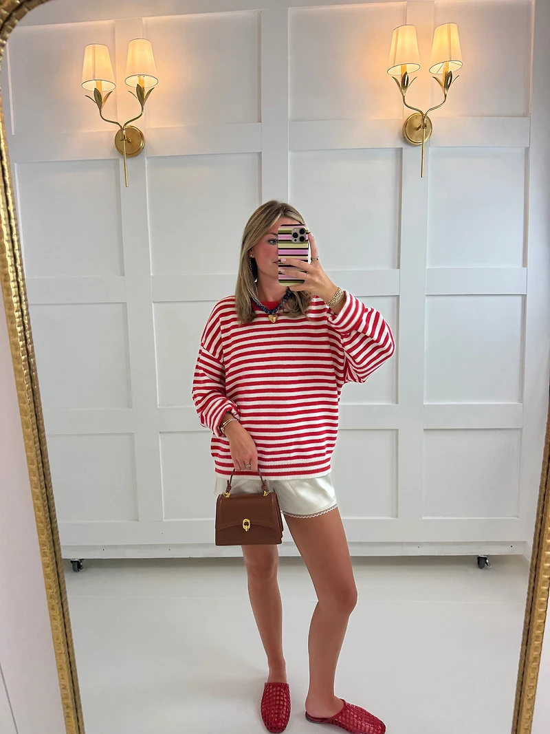 Red Striped Crew Neck Sweater
