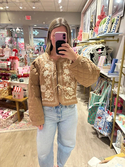 Brown Quilted Floral Embroidered Jacket