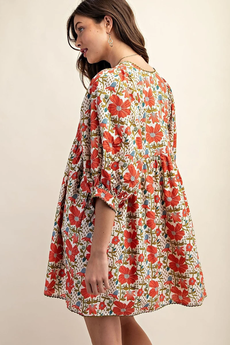 Orange & Cream Floral Print Dress