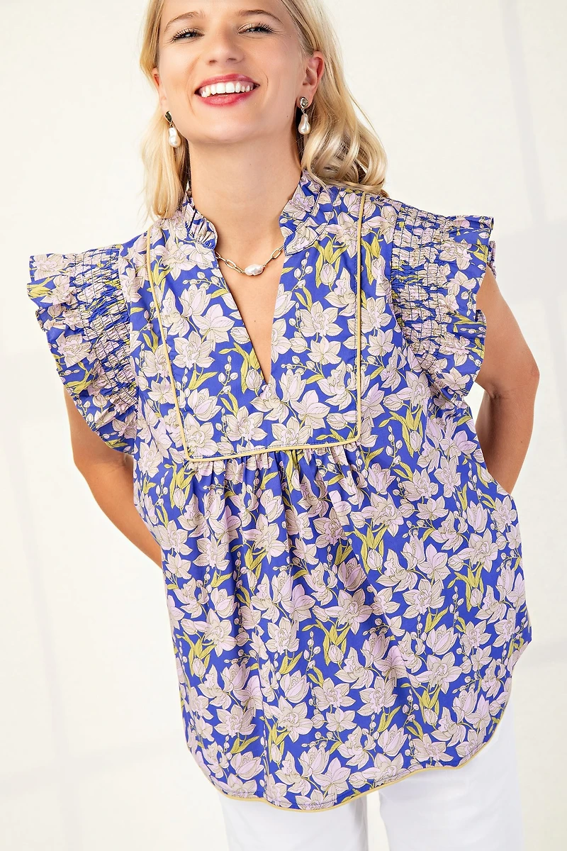 Blue Floral V-neck Blouse