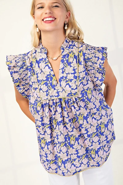 Blue Floral V-neck Blouse