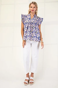 Blue Floral V-neck Blouse