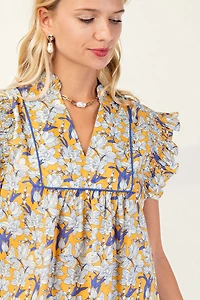 Mustard Floral V-neck Blouse