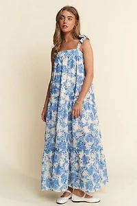 Blue Floral Maxi Dress With Tie Straps