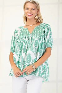 Green Patterned Short Sleeve Top