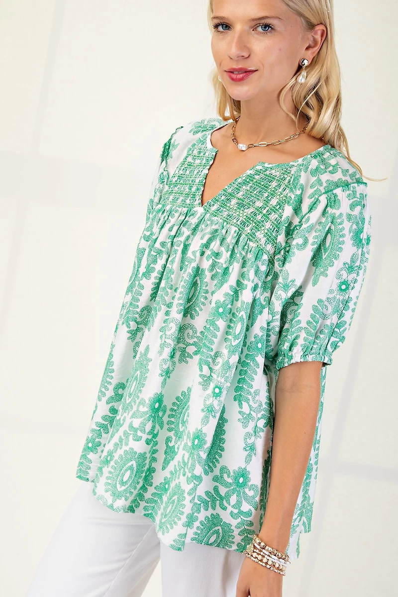 Green Patterned Short Sleeve Top