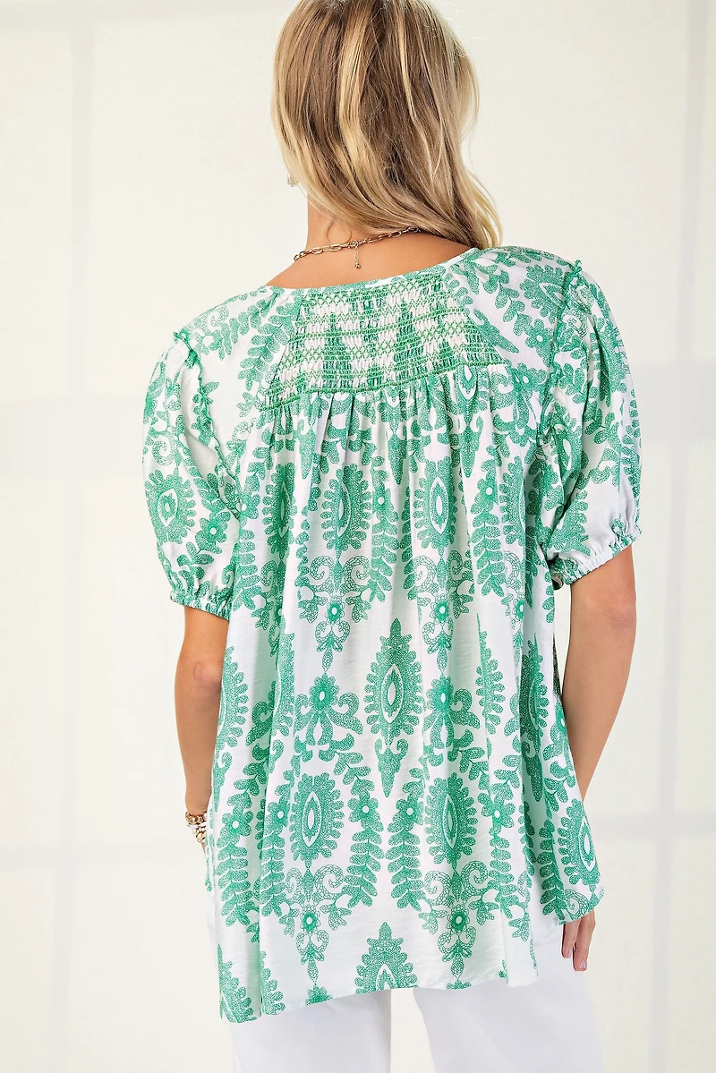 Green Patterned Short Sleeve Top