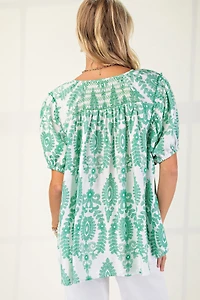 Green Patterned Short Sleeve Top