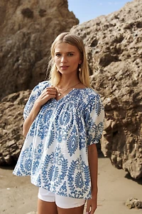 Blue Patterned Short Sleeve Top