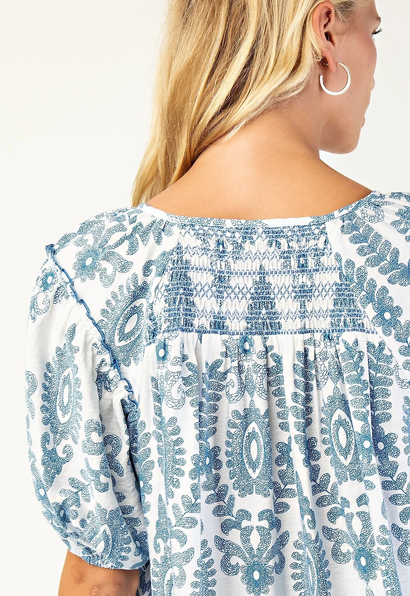 Blue Patterned Short Sleeve Top