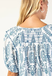 Blue Patterned Short Sleeve Top